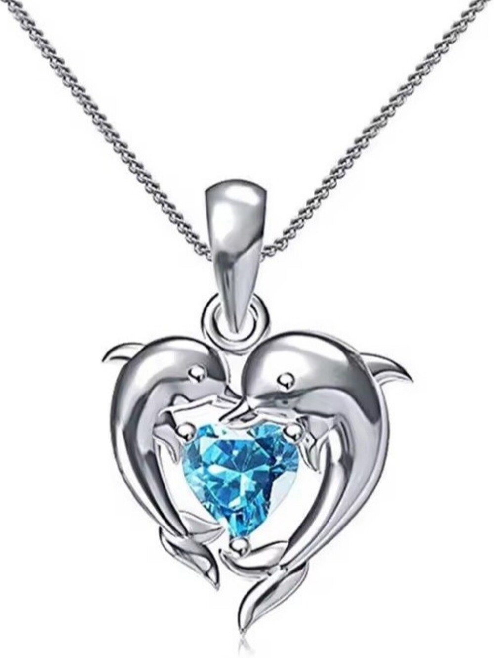 Silver Tone Dolphin Necklace Blue Crystal Heart Ocean Pendant Gift for Her